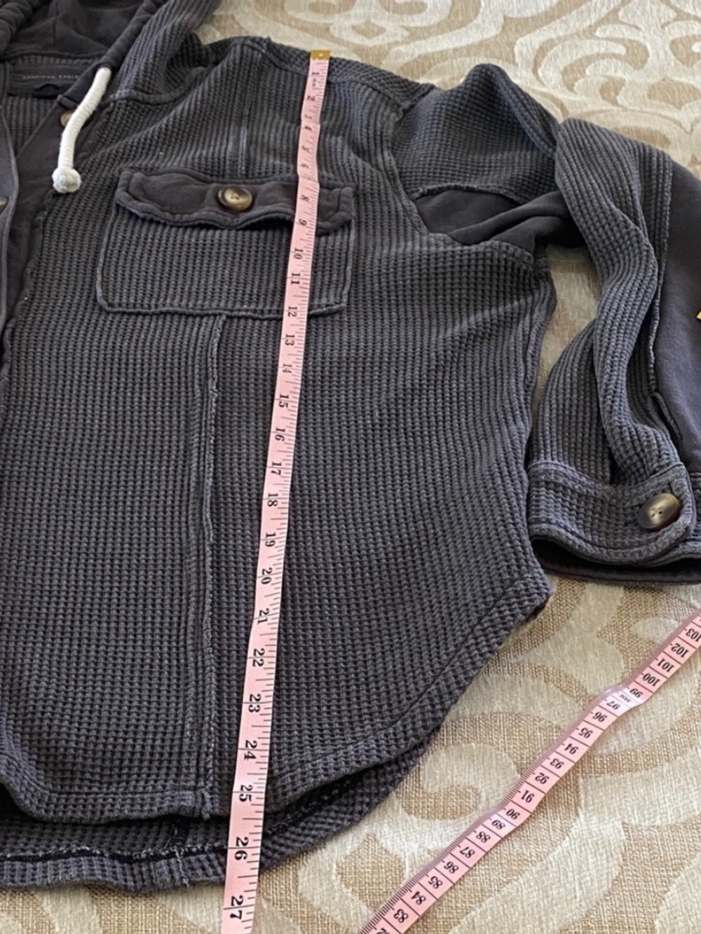 American Eagle Charcoal Waffle Knit Hooded Shacket Size Small Oversized - Picture 5 of 11